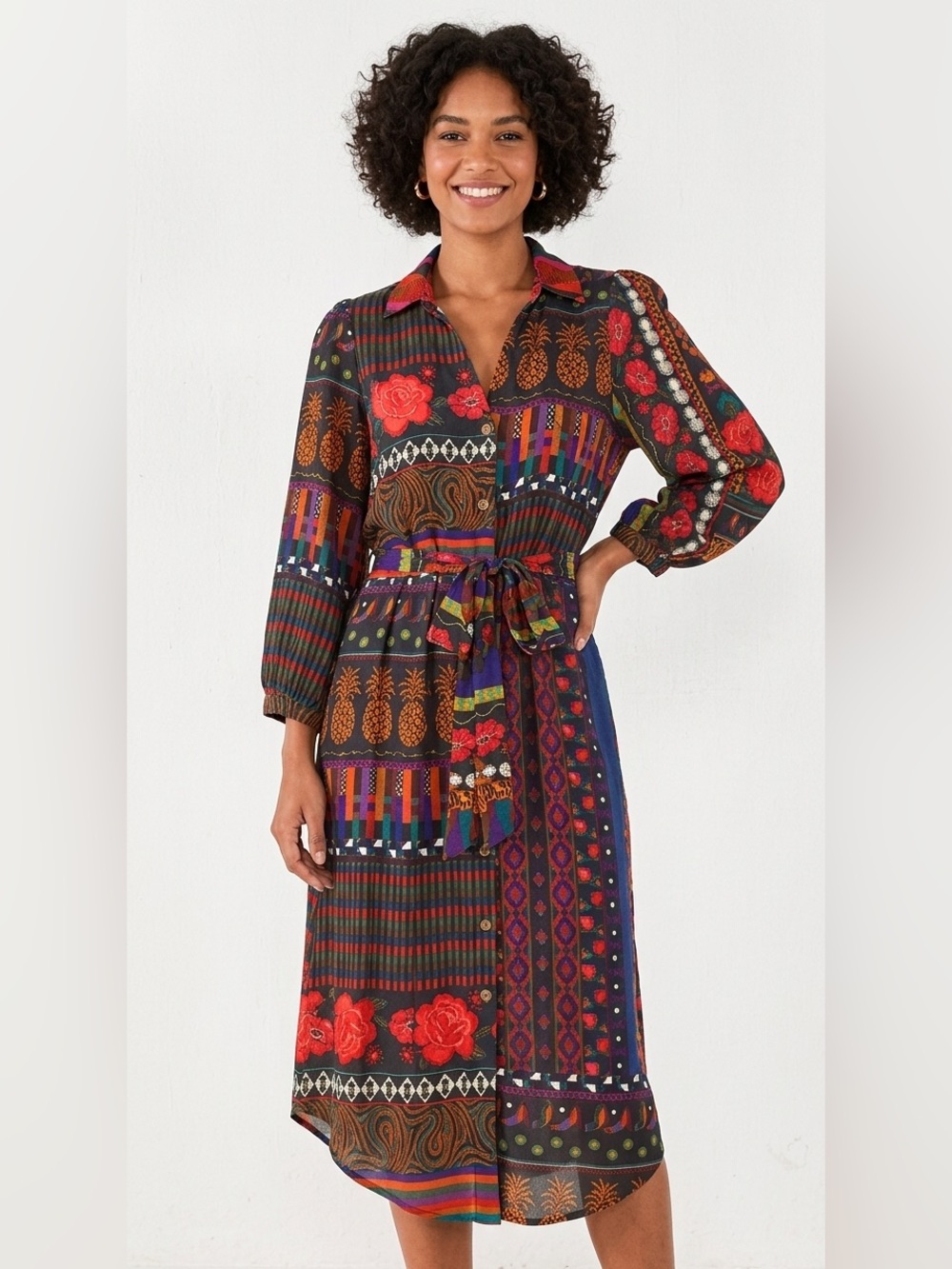 FARM Rio Ciela Midi Shirtdress XS Belted Maximalist Animal Print Anthropologie